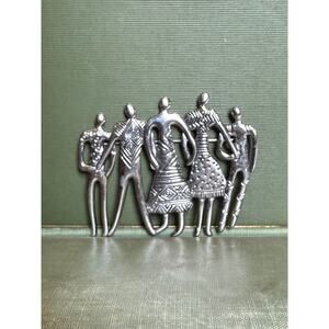 Laurel Burch Silver‑Tone Unity Figures Brooch – Signed – 3.5”
